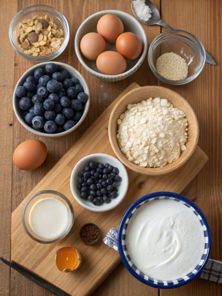 ingredients for blueberry cottage cheese breakfast bake
