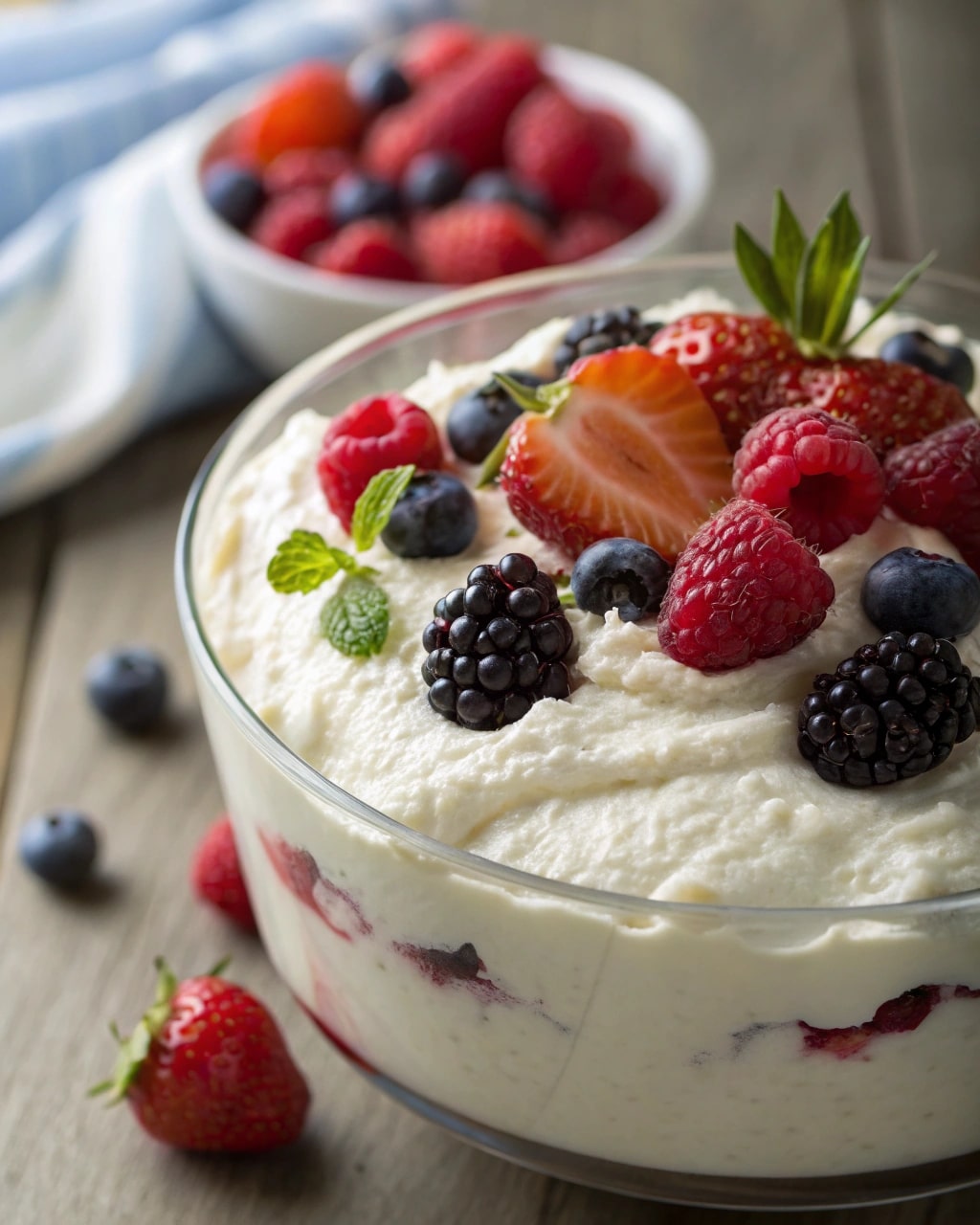 Blended cottage cheese dessert with fresh berries