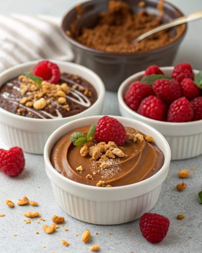 Cottage cheese chocolate mousse variations with toppings
