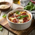 Cottage cheese pizza bowl with melted cheese and basil