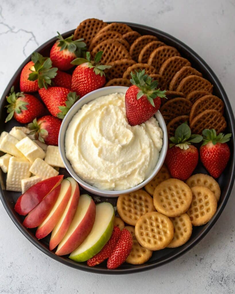 Cheesecake dip on a dessert platter with fruits and crackers
