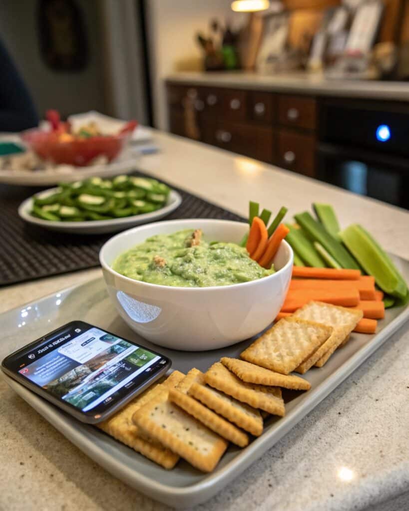 Dill pickle cottage cheese dip with veggies and crackers