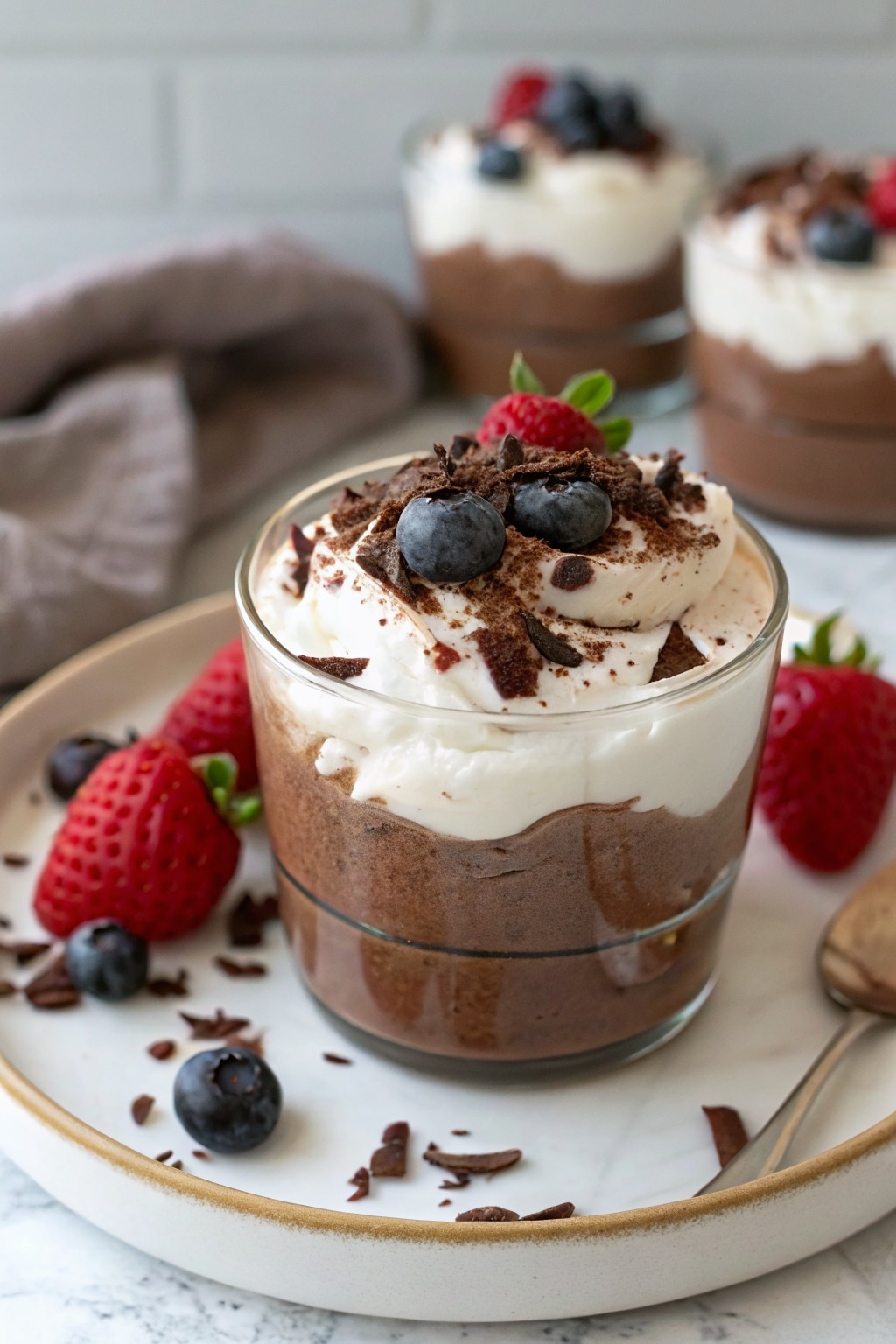 Cottage cheese chocolate mousse topped with chocolate shavings