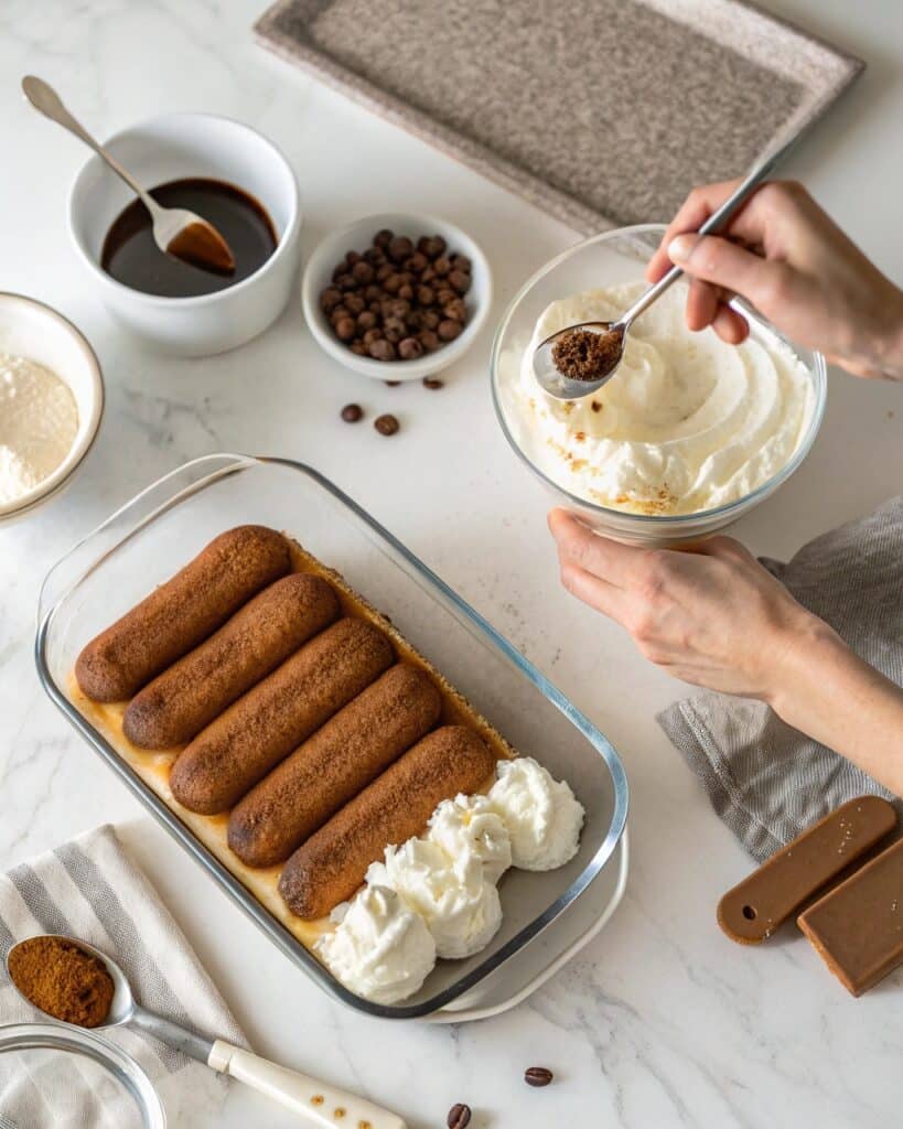 layering cottage cheese tiramisu with ladyfingers and cream
