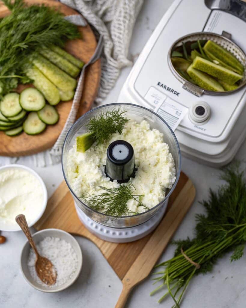 Blending cottage cheese and pickles for homemade dip