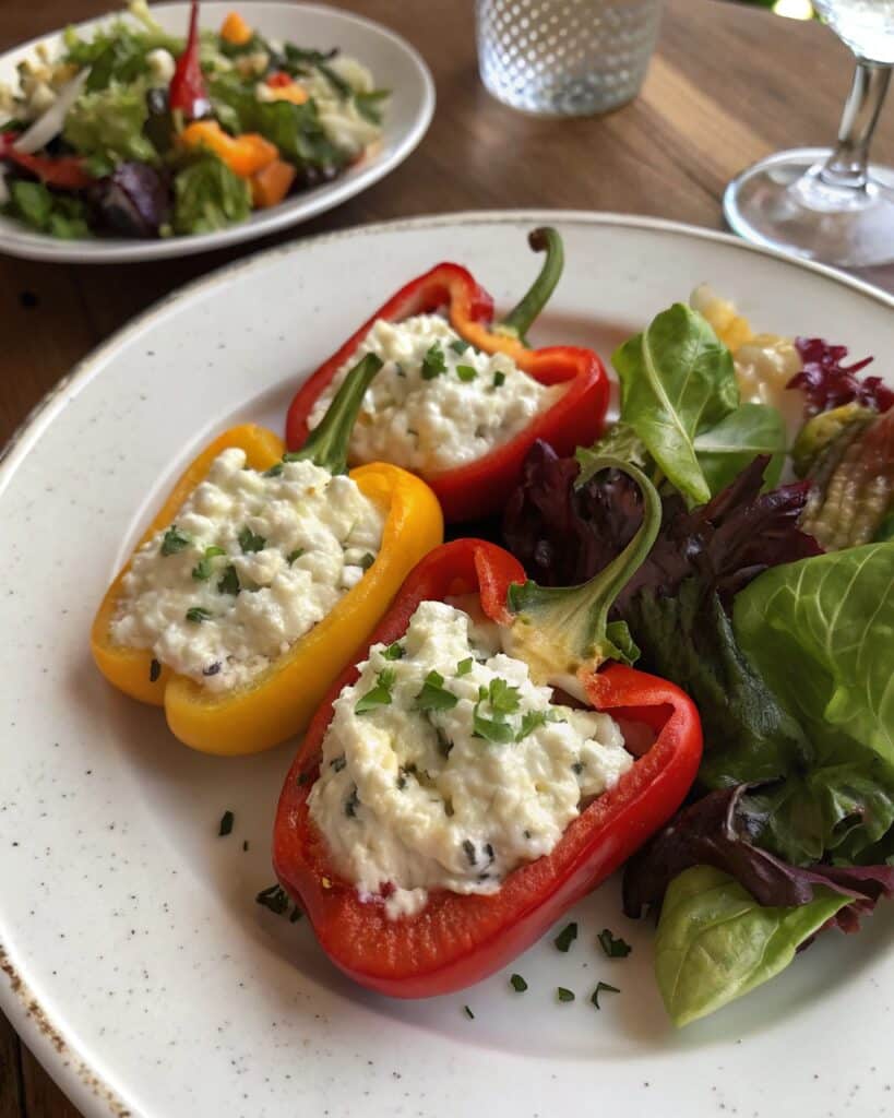Stuffed peppers with cottage cheese served with salad