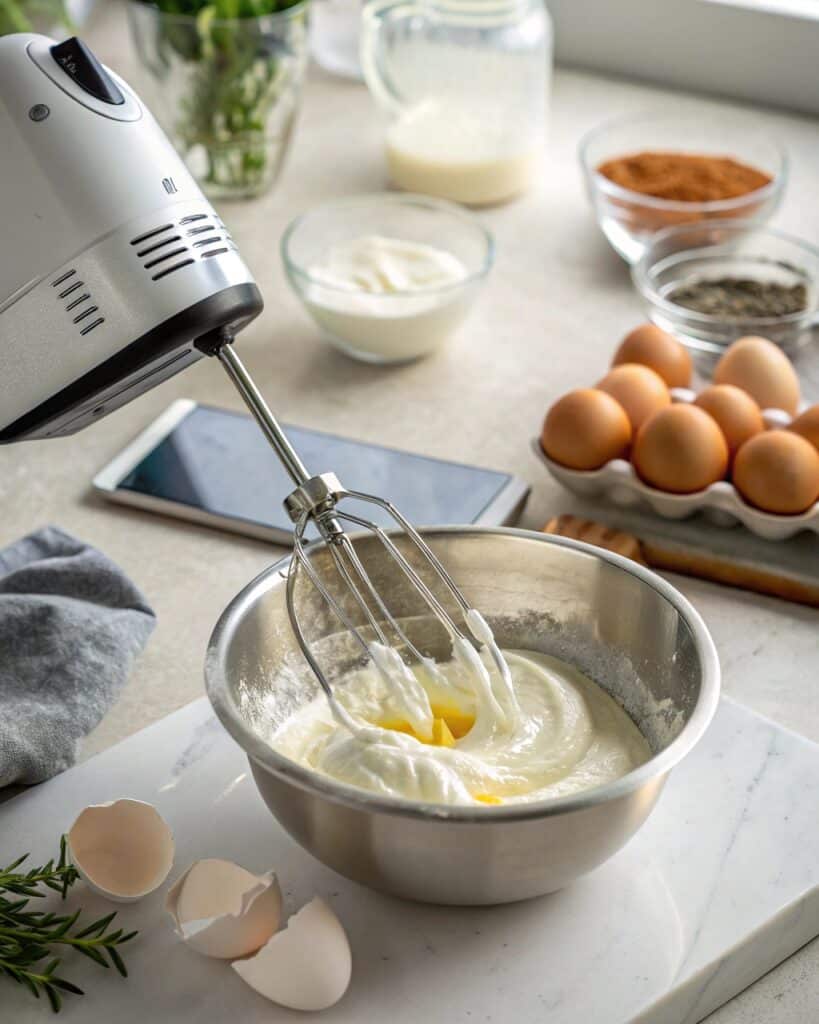 stiff peak egg whites in metal bowl for cloud bread