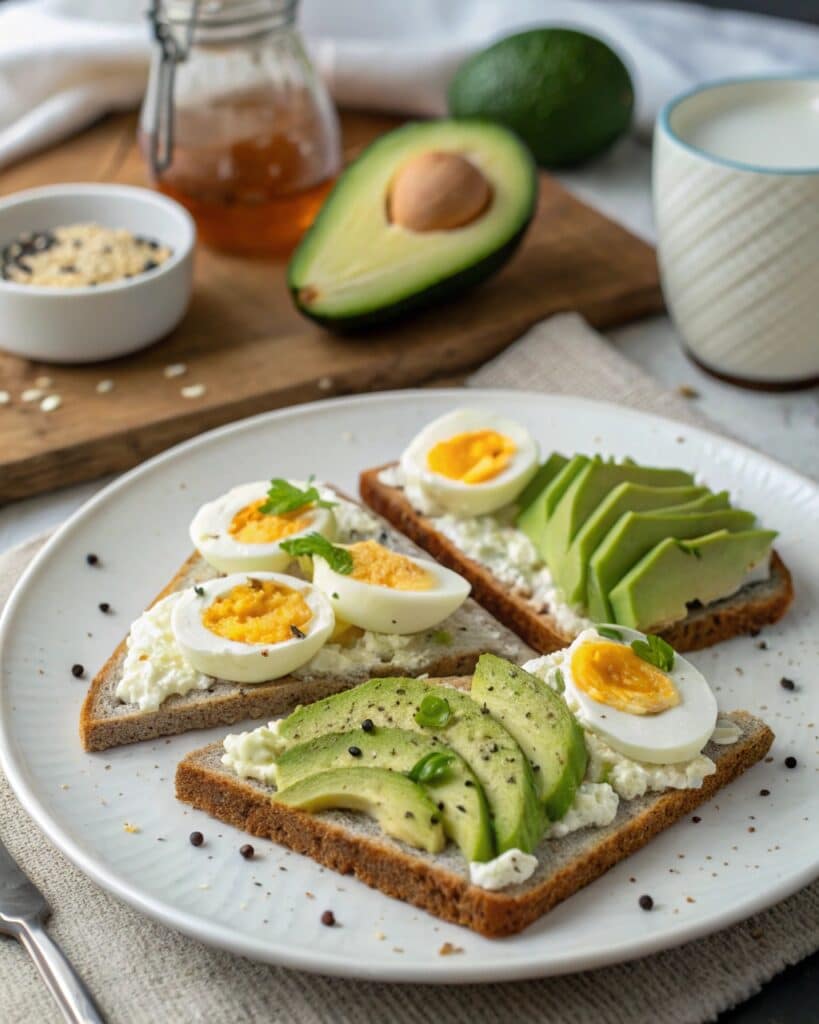 Flourless cottage cheese bread with avocado and egg topping
