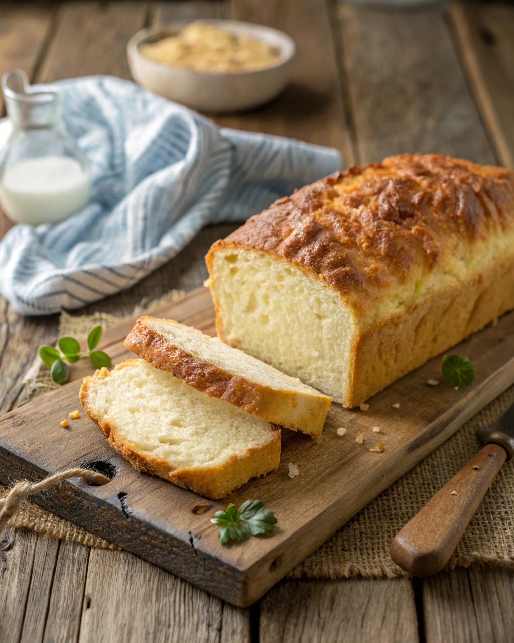 Flourless cottage cheese bread freshly sliced on a wooden table