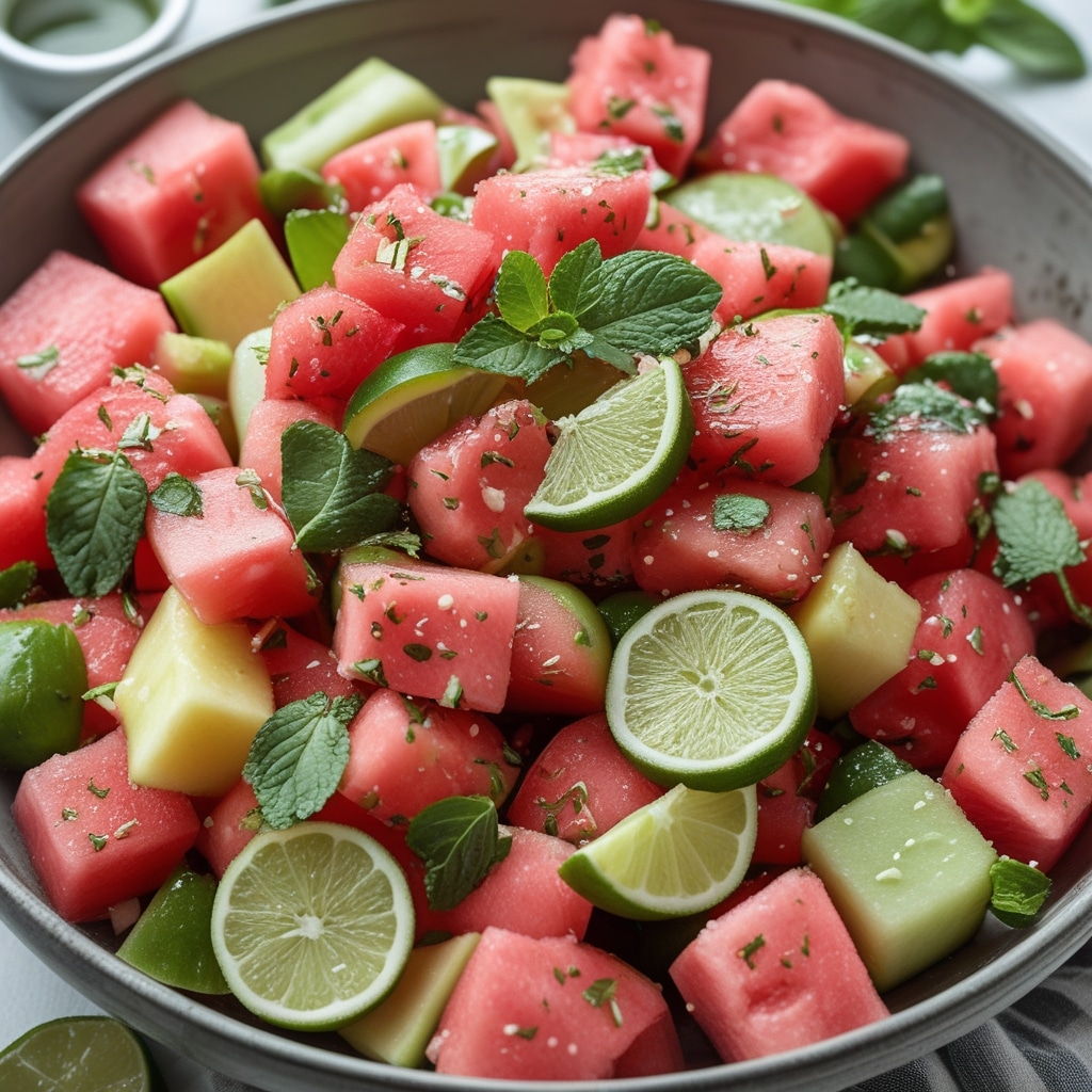 Watermelon Fruit salad with lime mint dressing