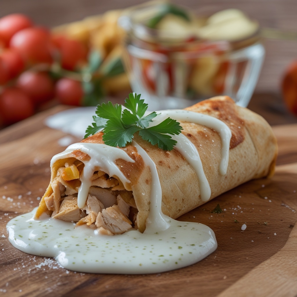 Chicken Chimichangga with white sauce