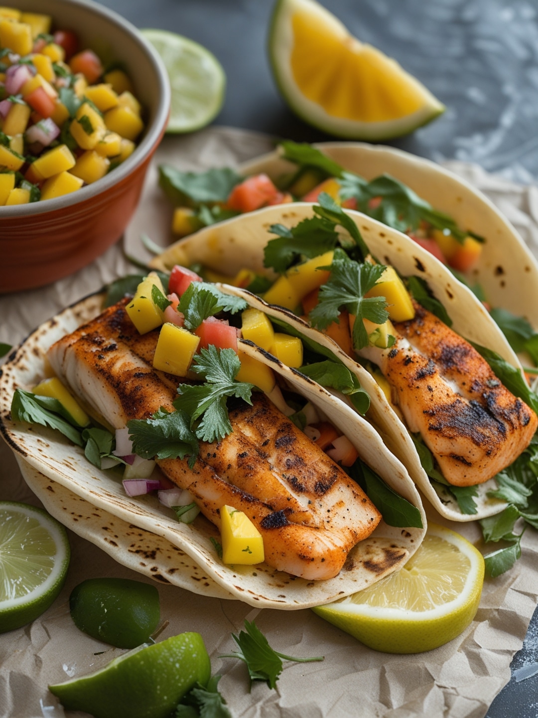 Spicy Grilled Fish Tacos with Mango Salsa 1 Spicy Grilled Fish Tacos with Mango Salsa