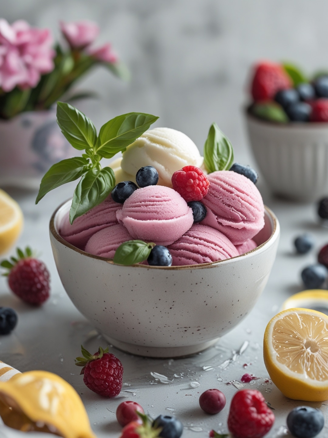 Lemon Basil Sorbet with Berry Garnish 1 Lemon Basil Sorbet with Berry Garnish
