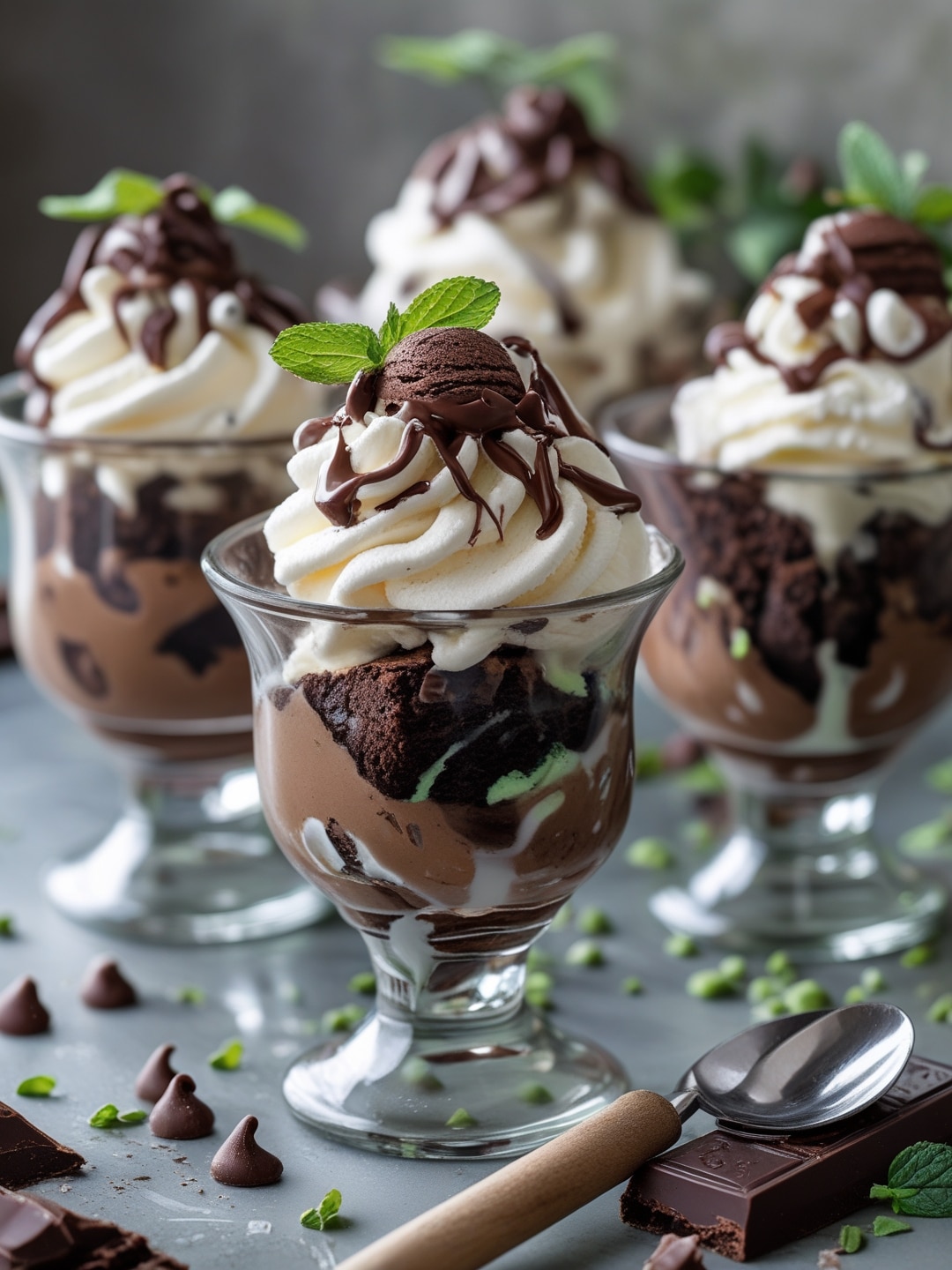 Chocolate Mint Chip Ice Cream Brownie Sundaes