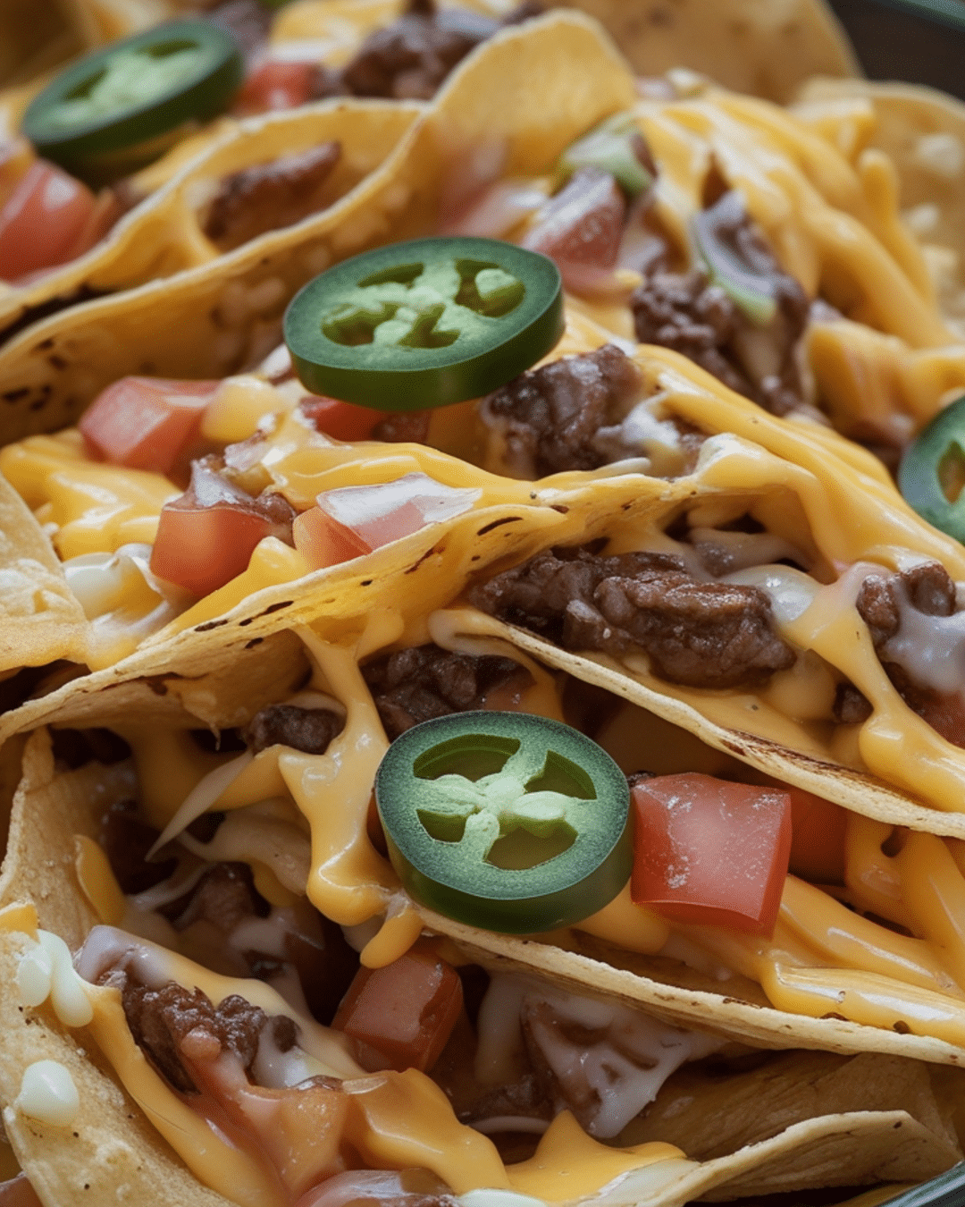 Nacho Tacos with Cheese Sauce and Jalapeños