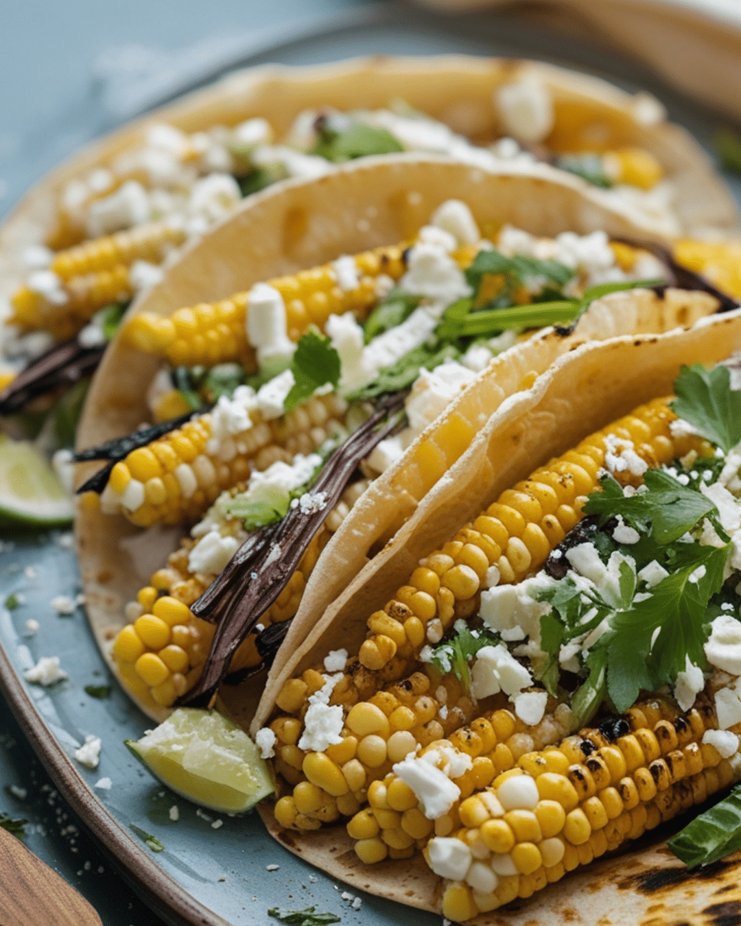 Grilled Corn and Feta Tacos with Lemon Dressing